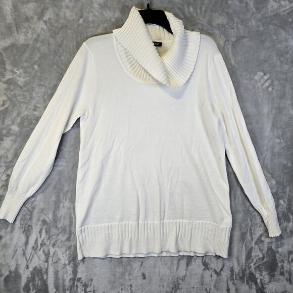 Cable & Gauge Sweaters - Cable & Gauge Pullover Sweater Large Ivory Cowl Draped Neck Ribbed Cuff  Hem